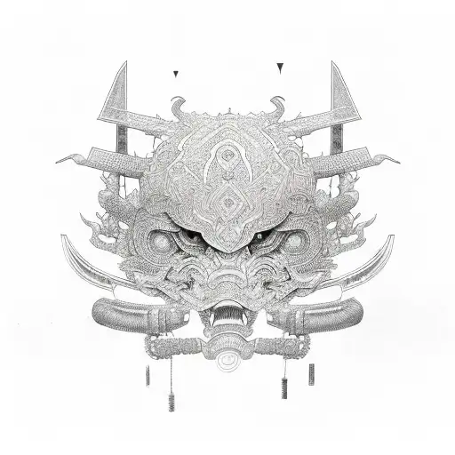 Intricate geometric patterns intertwined with samurai armor tattoo design idea