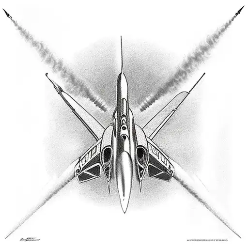 fighter jet breaking the sound barrier, representing the thrill and excitement of engineering in aviation tattoo design idea