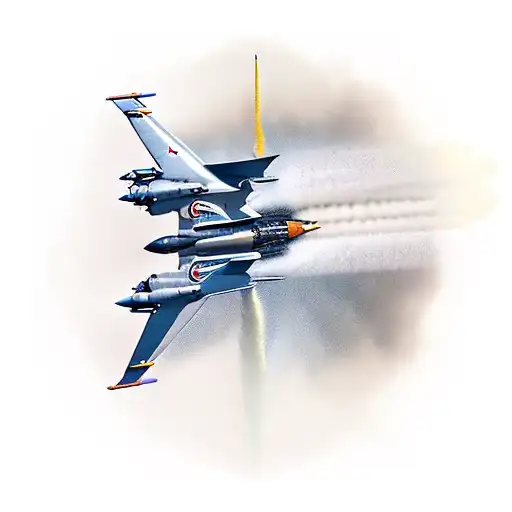 fighter jet breaking the sound barrier, representing the thrill and excitement of engineering in aviation tattoo design idea