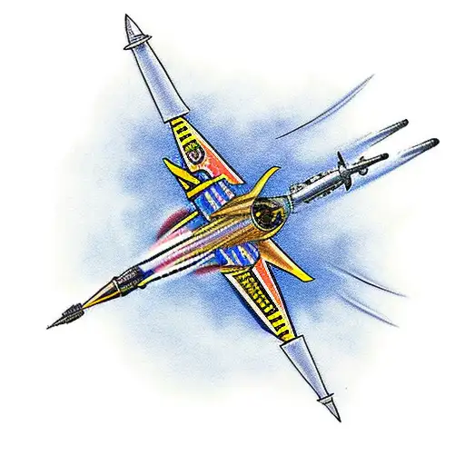 A traditional style tattoo of a fighter jet breaking the sound barrier, representing the thrill and excitement of engineering in aviation tattoo design idea