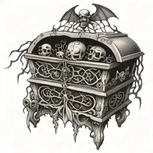 standing up casket with spiders web and bats and skulls tattoo design idea