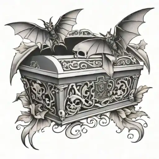 Casket with bats flying across tattoo design idea