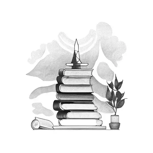 A stack of books with a tranquil backdrop tattoo design idea