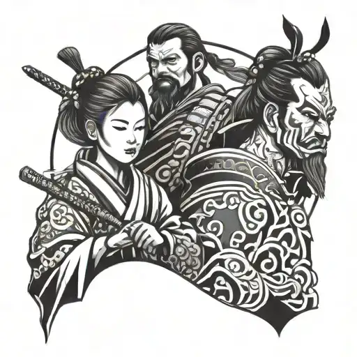 Japanese samurai daddy and daughter   tattoo design idea