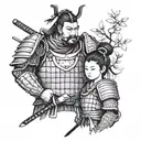 Japanese samurai daddy and daughter  wearing armor  tattoo design idea