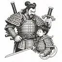 Japanese samurai daddy and daughter  wearing armor  tattoo design idea