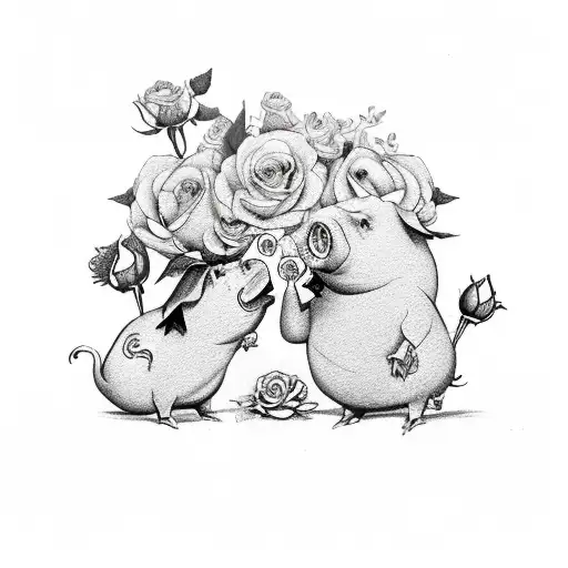 Pig and Rooster with roses tattoo design idea