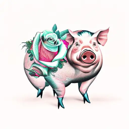 Pig and Rooster with roses tattoo design idea