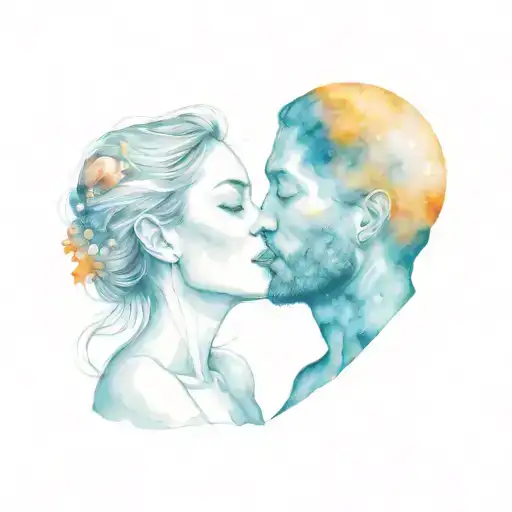 man and woman kissing with solar system between lips tattoo design idea