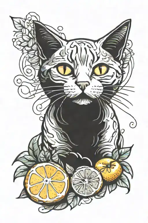 orange cat and lemon fruit tattoo design idea