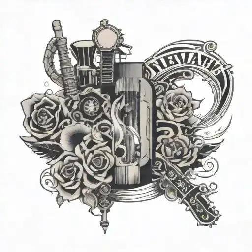 Create a collage of album covers from Nirvana, Greenday, Guns and Roses, and AC DC in a half-sleeve tattoo design tattoo design idea