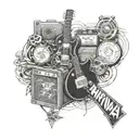 Create a collage of album covers from Nirvana, Greenday, Guns and Roses, and AC DC in a half-sleeve tattoo design tattoo design idea