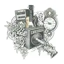 Create a collage of album covers from Nirvana, Greenday, Guns and Roses, and AC DC in a half-sleeve tattoo design tattoo design idea