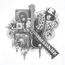 Create a collage of album covers from Nirvana, Greenday, Guns and Roses, and AC DC in a half-sleeve tattoo design tattoo design idea