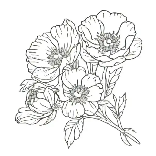 poppy, marigold, aster, narcissus flower bouquet tattoo design idea