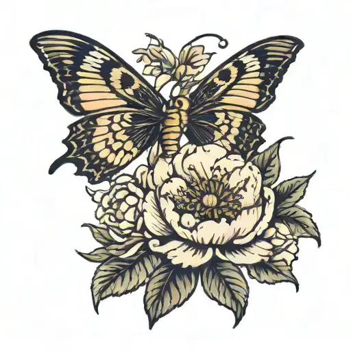 crescent moon and peonies with a moth tattoo design idea