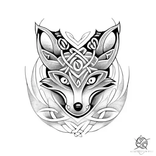 A blackwork Celtic knotwork design with a fox head incorporated into the pattern tattoo design idea