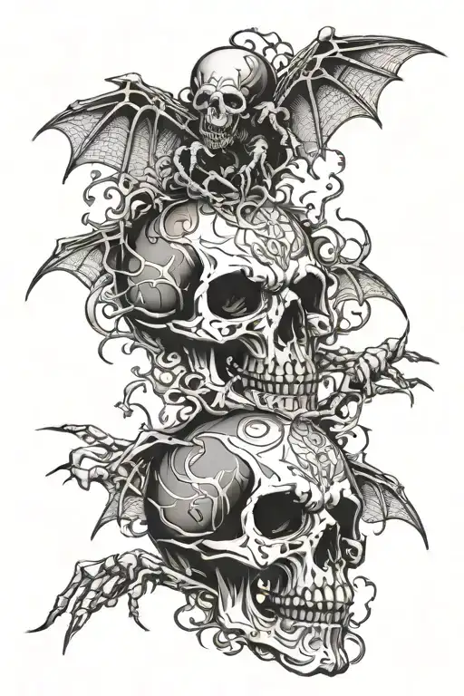 sinister skulls ripping out of arm tattoo design one with fangs plus a tarantula spider crawling on them tattoo design idea