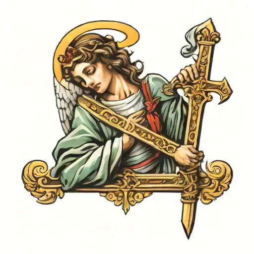 christian cross with angel holding a sword tattoo design idea