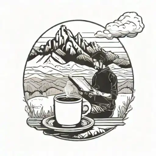 A silhouette of a person reading a book with a steaming cup of coffee in hand, surrounded by mountain peaks tattoo design idea