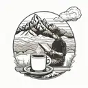 A silhouette of a person reading a book with a steaming cup of coffee in hand, surrounded by mountain peaks tattoo design idea