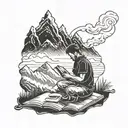 A silhouette of a person reading a book with a steaming cup of coffee in hand, surrounded by mountain peaks tattoo design idea