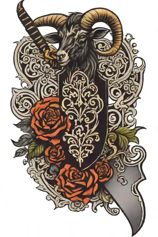 dark ornamental with goat knife stuck tattoo design idea