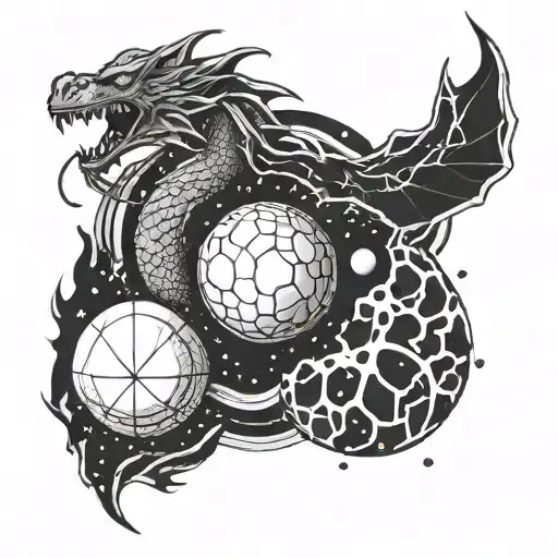 A stylized and geometric representation of the Dragon Balls floating amidst a cosmic background tattoo design idea