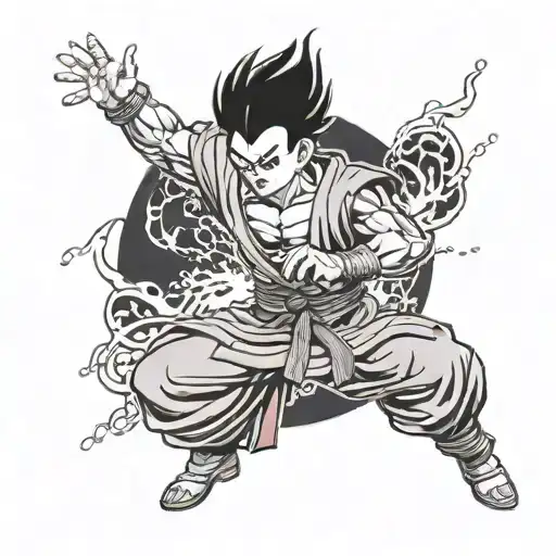 A striking dotwork tattoo of Gohan unleashing his hidden power, surrounded by energy aura tattoo design idea