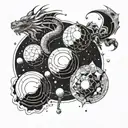 A stylized and geometric representation of the Dragon Balls floating amidst a cosmic background tattoo design idea