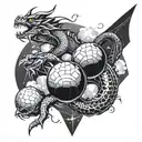 A stylized and geometric representation of the Dragon Balls floating amidst a cosmic background tattoo design idea