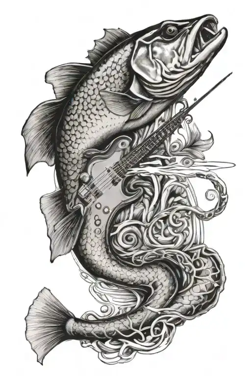 bass fishing with line coming from a les Paul guitar intertwined with a cross  tattoo design idea