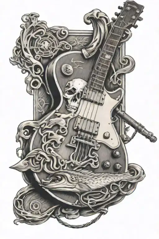 religious cross with a les Paul guitar and one strings that turns into fishing line with a hook in a bass's mouth tattoo design idea