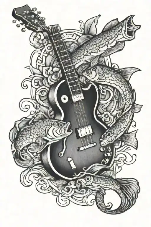 bass fish, cross, les Paul guitar intertwined tattoo design idea