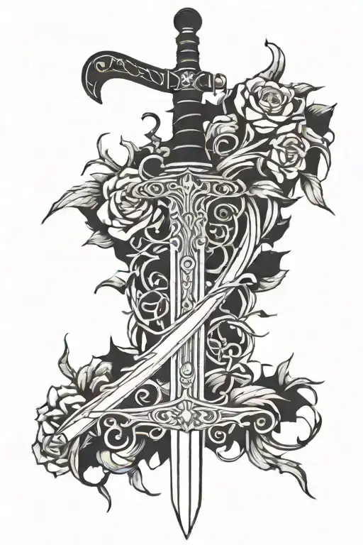sword with a broken blade, surrounded by thorny vines tattoo design idea