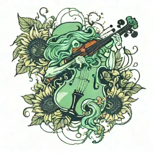 a green jellyfish playing the violin in a field of sunflowers tattoo design idea