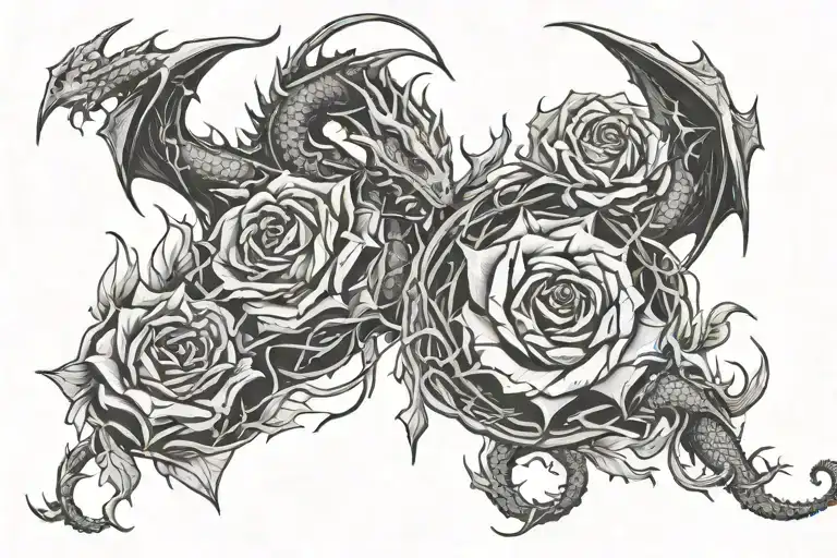 dragons and roses with thorns tattoo design idea
