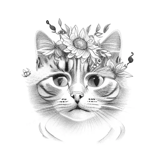 Pussy willow with cat as flowers  tattoo design idea