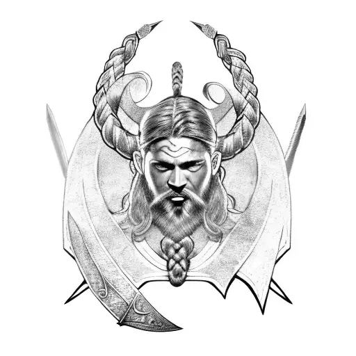 Viking, braided hair, braided beard, 2 short swords, armor, horse with bat wings, atlantis tattoo design idea