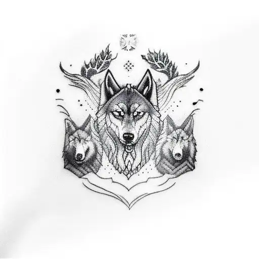 Make a nordic/viking sleeve tatttoo with runes\bindrunes and make the bottom of the sleeve a dark forrest with wolves an tattoo design idea