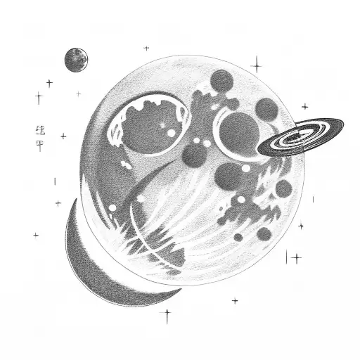 open door, moon, saturn, book, suit, planet with rings, bookshelf, door tattoo design idea