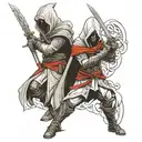 assasins creed hooded warrior with sword standing with  2 girls  tattoo design idea