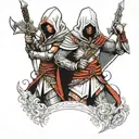 assasins creed hooded warrior with sword standing with  2 girls  tattoo design idea