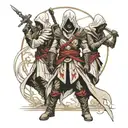 assasins creed hooded warrior with sword standing with  2 girls  tattoo design idea