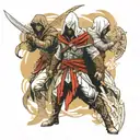 assasins creed hooded warrior with sword standing with  2 girls  tattoo design idea