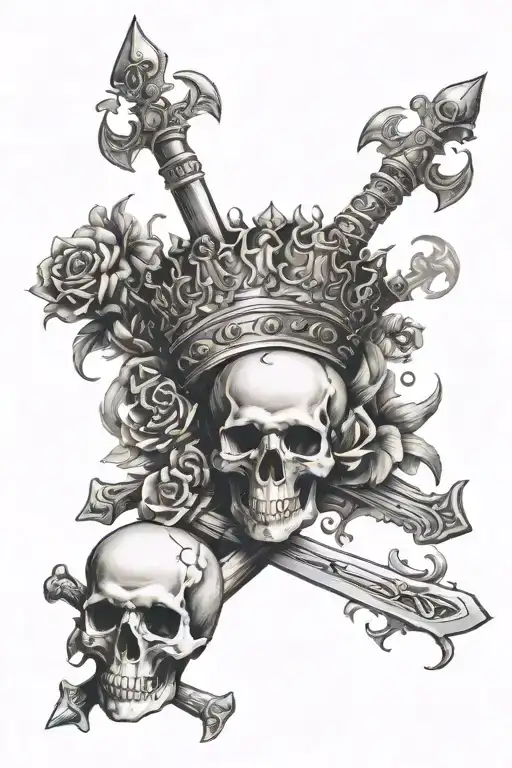 symbolizes "death to kings". skulls, crowns, swords, death  tattoo design idea