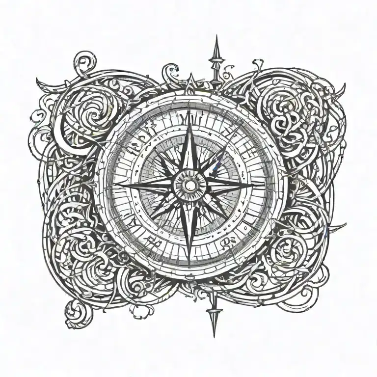  tattoo of a compass and a treble clef intertwined and music notes going out to shoulder tattoo design idea