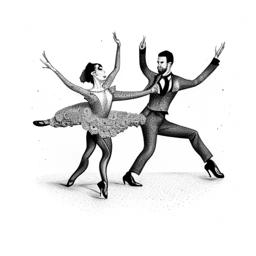 A dotwork tattoo of a traditional Argentine tango couple dancing against the backdrop of Lanzarote's volcanic landscape tattoo design idea