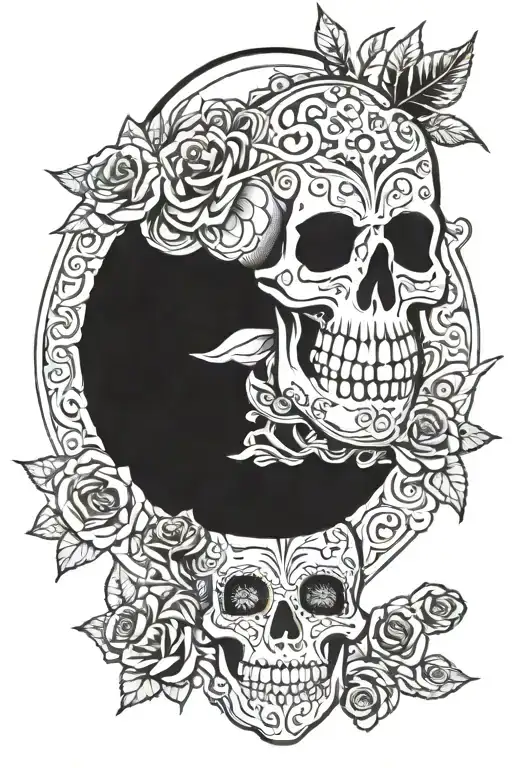thick lines work, symbols, sugar skulls, pagan, wicca tattoo design idea