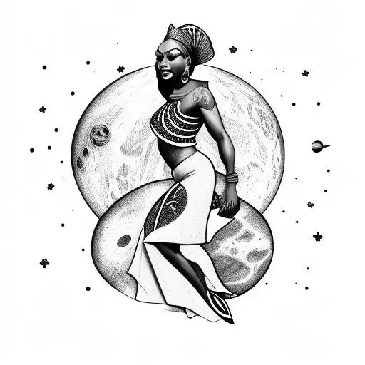 African queen floating in space surrounded by planets tattoo design idea